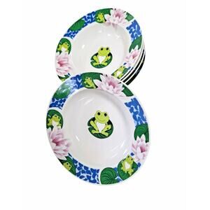 Lot of 5 Frog by Tienshan 8 1/2" Rim Soup Bowl White with Green Graphic